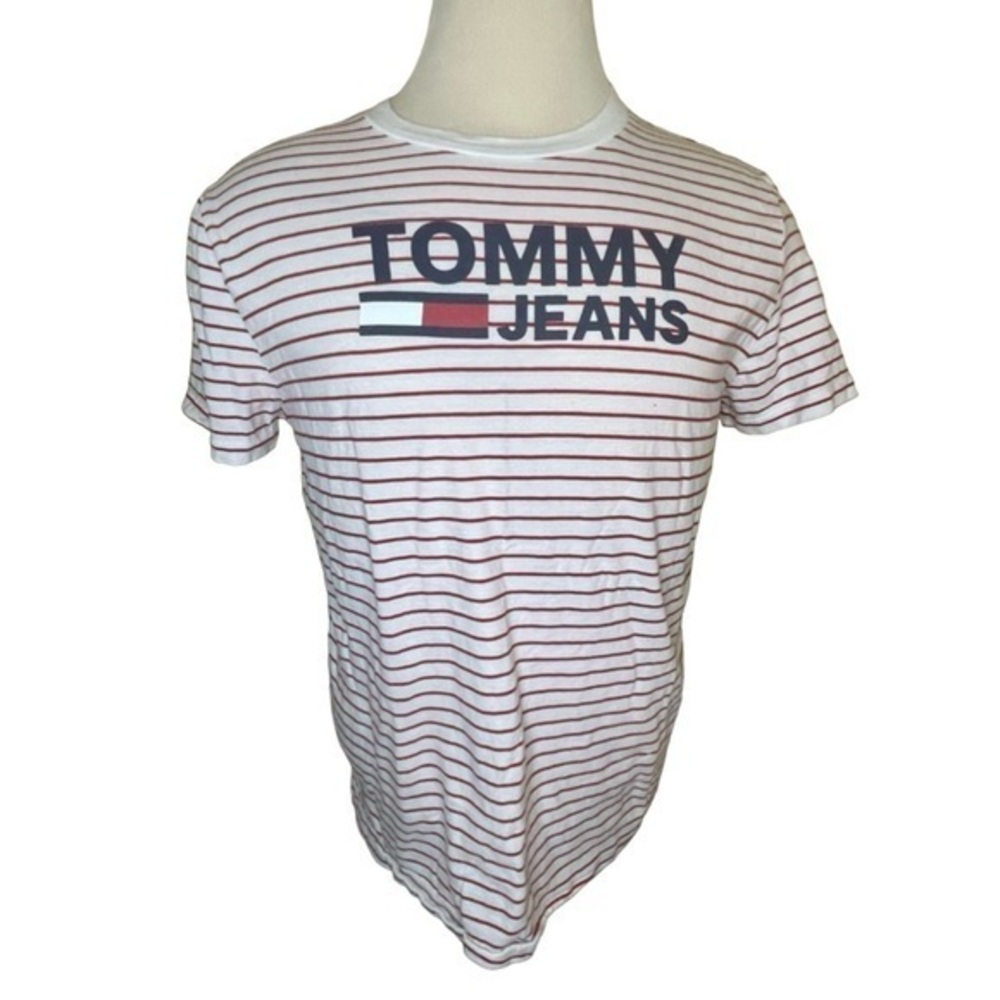 TOMMY HILFIGER Tommy Jeans Vintage White Red‎ Striped Regular Fit Tee Size Large